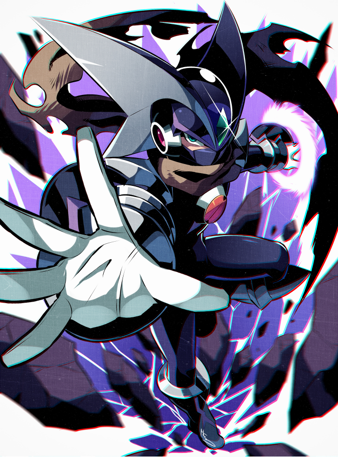 1boy bass.exe_(mega_man) black_bodysuit bodysuit cloak double_soul_(mega_man) emblem energy_weapon fins forehead_jewel gloves green_eyes ground_shatter head_fins helmet leg_up looking_at_viewer male_focus mask mcnr mega_man_(series) mega_man_battle_network_(series) mega_man_battle_network_5 megaman.exe mouth_mask netnavi outstretched_arm outstretched_hand purple_background solo standing standing_on_one_leg two-tone_background white_background white_gloves