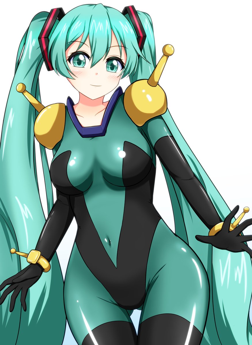 1girl aqua_hair blue_eyes bodysuit closed_mouth cosplay covered_navel green_bodysuit hatsune_miku higetsu0815 long_hair looking_at_viewer mecha_pilot_suit mobile_trace_suit rain_mikamura_(cosplay) smile standing twintails white_background