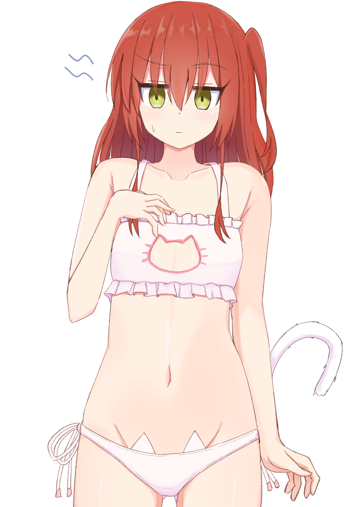 1girl 3535mb bocchi_the_rock! bra breasts breasts_day cat_cutout cat_lingerie cat_tail cleavage_cutout closed_mouth clothing_cutout collarbone frilled_bra frills frown good_breasts_day hair_between_eyes hand_on_own_chest kita_ikuyo lingerie looking_at_viewer medium_hair meme_attire navel panties red_hair side-tie_panties side_ponytail sidelocks simple_background skinny small_breasts solo standing sweat tail underwear white_background white_bra white_panties yellow_eyes