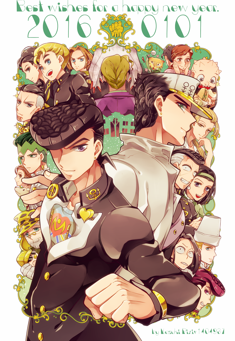 ! arnold_(jojo) baby backpack bag beard black_eyes black_hair blonde_hair blush brown_eyes brown_hair chef_hat dated dog earrings facial_hair flower food from_behind fungami_yuya gakuran glasses gloves green_eyes green_hair grey_hair hairband hands_on_own_cheeks hands_on_own_face happy_new_year hat hazamada_toshikazu head_rest headband higashikata_josuke higashikata_tomoko hirose_koichi jewelry jojo_no_kimyou_na_bouken joseph_joestar joseph_joestar_(old) kawajiri_hayato kawajiri_kosaku kawajiri_shinobu kazumi_(uta915) kishibe_rohan kuujou_joutarou multicolored_hair new_year nijimura_okuyasu open_mouth pacifier pompadour red_eyes red_hair sandwich school_uniform shizuka_joestar smile spiked_hair stand_(jojo) stray_cat_(jojo) sugimoto_reimi sunglasses surface_(stand) sweatdrop tonio_trussardi tsuji_aya two-tone_hair yamagishi_yukako yangu_shigekiyo zipper