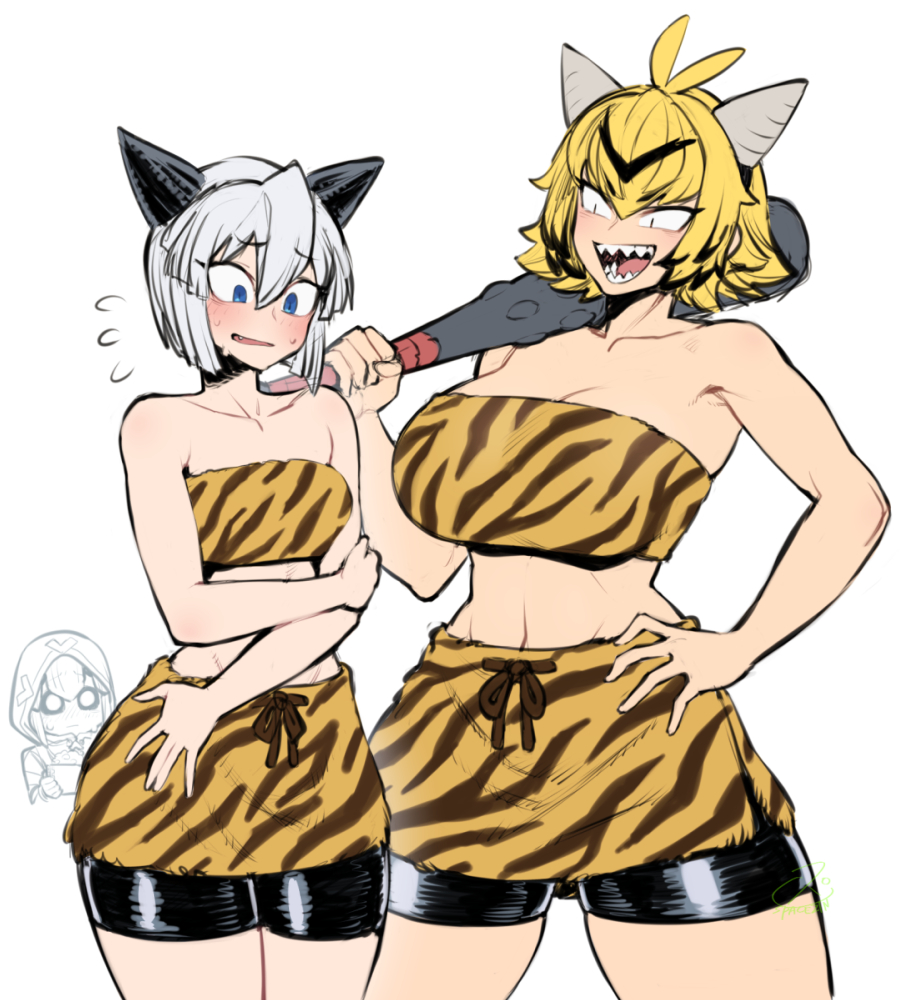 0_0 3girls antenna_hair bike_shorts black_hair blonde_hair breasts club_(weapon) commentary_request cryogonal electabuzz embarrassed fake_horns flying_sweatdrops gen_1_pokemon gen_3_pokemon gen_5_pokemon glalie hand_on_own_hip hood horns large_breasts midriff miniskirt multicolored_hair multiple_girls navel nintendo oni_horns open_mouth personification pokemon sharp_teeth short_hair shorts shorts_under_skirt silver_hair skirt small_breasts smile spacezin strapless streaked_hair sweat teeth thick_thighs thighs tube_top two-tone_hair weapon wide_hips