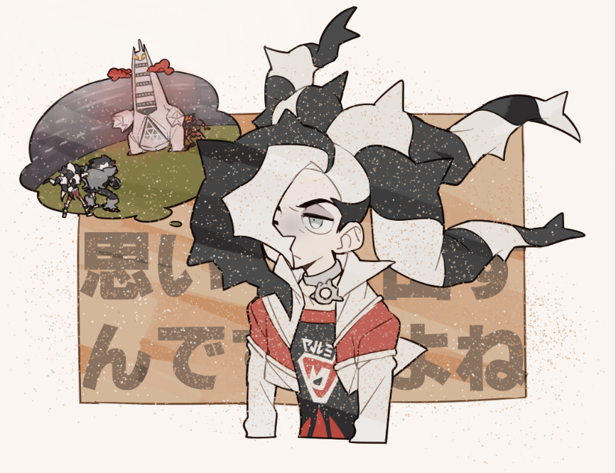 2boys black_hair choker closed_mouth commentary_request cropped_jacket duraludon eyeshadow floating_hair gen_8_pokemon gigantamax gigantamax_duraludon grey_choker grey_eyes hair_over_one_eye long_sleeves makeup multicolored_hair multiple_boys nintendo obstagoon piers_(pokemon) pokemon pokemon_(creature) pokemon_swsh raihan_(pokemon) saku_anna sandstorm speech_bubble thought_bubble translation_request two-tone_hair unamused white_hair