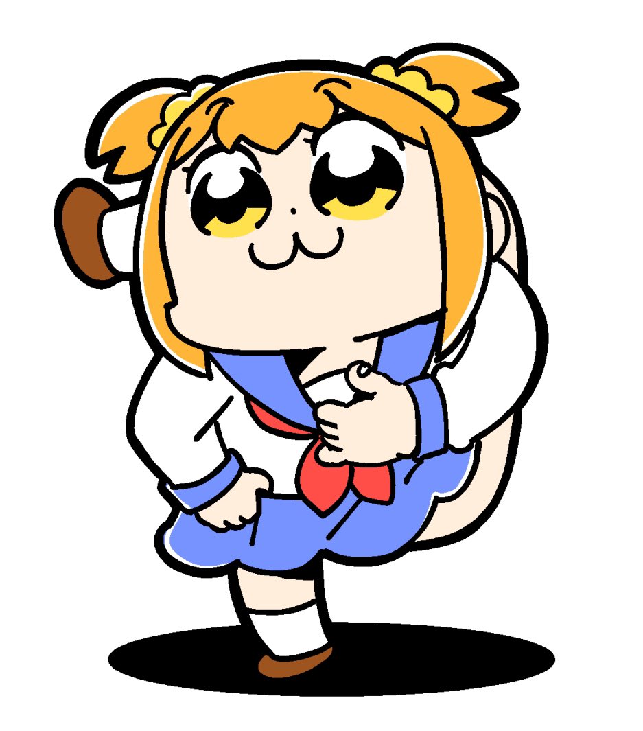 1girl :3 bkub blue_sailor_collar blue_skirt brown_shoes clenched_hands commentary dot_nose full_body hair_ornament hair_scrunchie leg_behind_shoulder looking_ahead neckerchief official_art orange_hair poptepipic popuko red_neckerchief sailor_collar school_uniform scrunchie serafuku shadow shirt shoes short_hair short_twintails simple_background skirt socks solo standing standing_on_one_leg twintails two_side_up white_background white_shirt white_socks yellow_eyes yellow_scrunchie