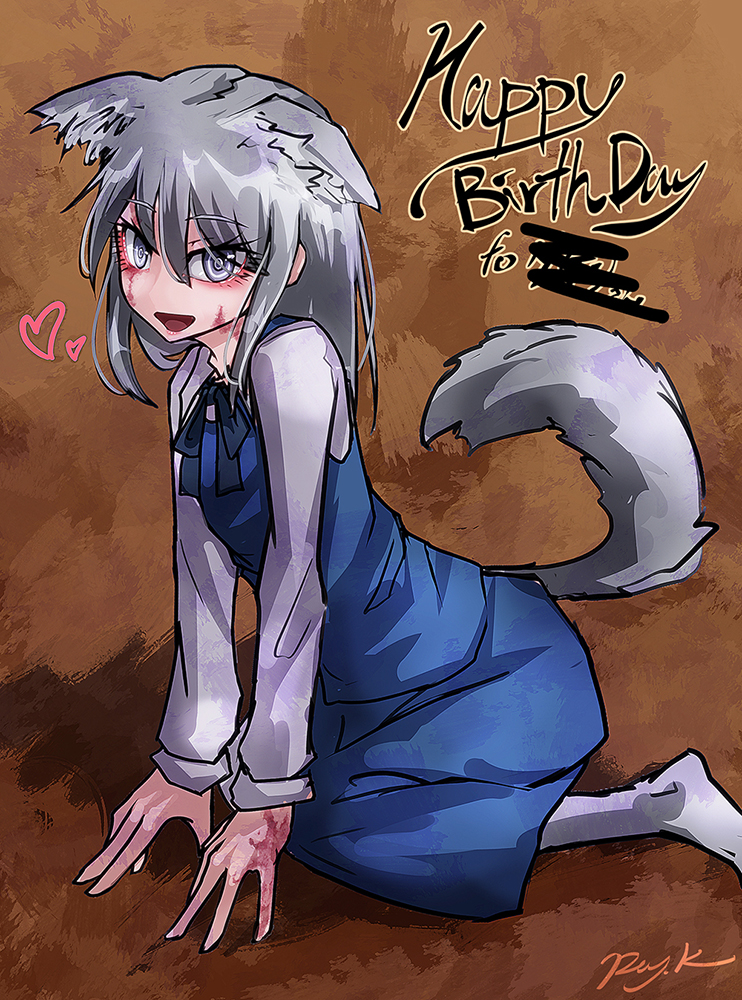 1girl :d animal_ear_fluff animal_ears artist_name blue_dress burn_scar dog_ears dog_tail dorei_to_no_seikatsu_~teaching_feeling~ dress english_text extra_ears eyes_visible_through_hair female_focus full_body grey_hair greyscale hair_between_eyes happy_birthday heart kemonomimi_mode long_hair long_sleeves looking_at_viewer monochrome open_mouth pinafore_dress ray-k scar shirt signature sitting sleeveless sleeveless_dress smile solo sylvie_(dorei_to_no_seikatsu) tail white_shirt