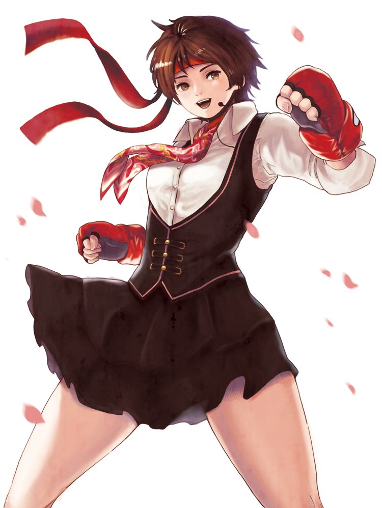 1girl breasts brown_hair brown_skirt brown_vest collared_shirt cowboy_shot fighting_stance fingerless_gloves gloves headband kasugano_sakura looking_at_viewer ma-hain-scarlet mma_gloves open_mouth petals red_headband school_uniform shirt short_hair simple_background skirt smile solo street_fighter street_fighter_v vest white_background white_shirt
