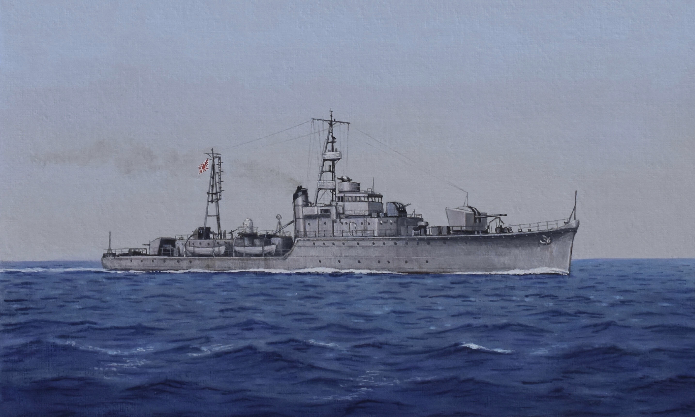 acrylic_paint_(medium) atelier_bono evening flag frigate highres imperial_japanese_navy mast military_vehicle morning no_humans ocean original painting_(medium) ship sky smoke smokestack traditional_media uji_(frigate) vehicle_focus warship watercraft
