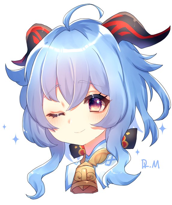 ahoge bell blue_hair blush commentary_request ganyu_(genshin_impact) genshin_impact horns looking_at_viewer makalo_ni_hakase neck_bell one_eye_closed purple_eyes sidelocks signature smile solo sparkle white_background
