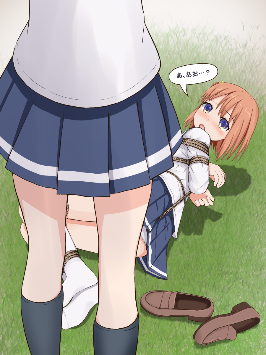 2girls arms_behind_back asking_a_question bdsm bondage bound crotch_rope femuto highres kneehighs koisuru_asteroid konohata_mira looking_at_another lying multiple_girls on_floor panties school_uniform serafuku shoes unworn_shoes socks standing underwear upskirt uwabaki