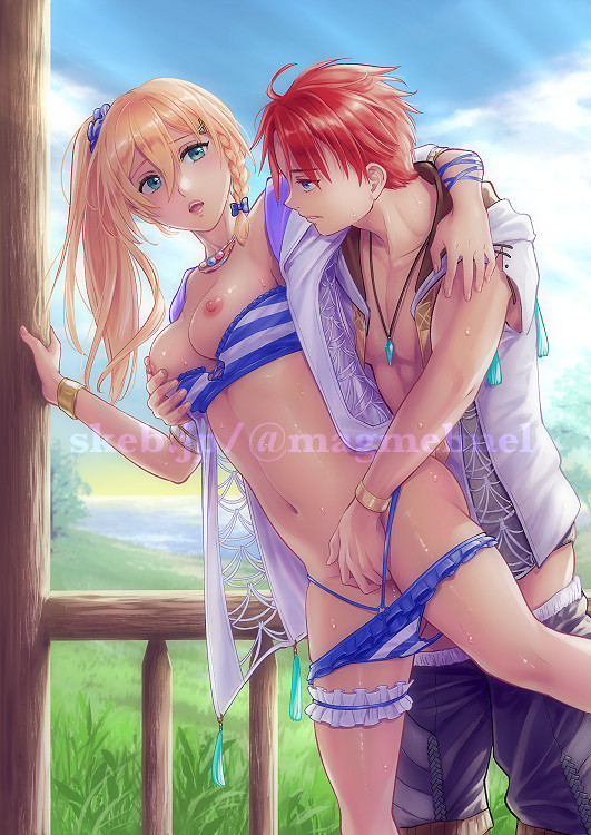 1boy 1girl abs adol_christin ahoge bikini blonde_hair blue_eyes bow braid commission double-parted_bangs fingering grass green_eyes hair_between_eyes hair_bow holding_breath jacket jewelry karja_balta kinoeneko long_hair outdoors pendant red_hair side_braid side_ponytail single_braid skeb_commission striped_bikini striped_clothes swimsuit watermark ys ys_x:_nordics