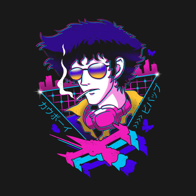 1boy cigarette cowboy_bebop grid headphones headphones_around_neck school_uniform smoking solo spacecraft spike_spiegel sunglasses swordfish_ii synthwave translated