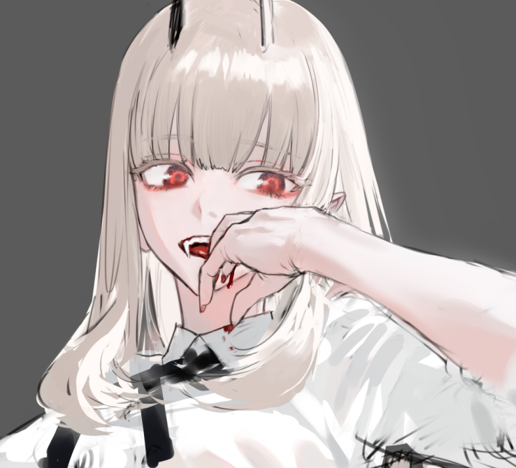 1girl blonde_hair blunt_bangs collared_shirt eyeliner fangs female_focus grey_background hand_up hirota_tsuu horns long_hair looking_at_viewer makeup nail_polish original red_eyes shirt simple_background smile solo upper_body white_shirt wing_collar
