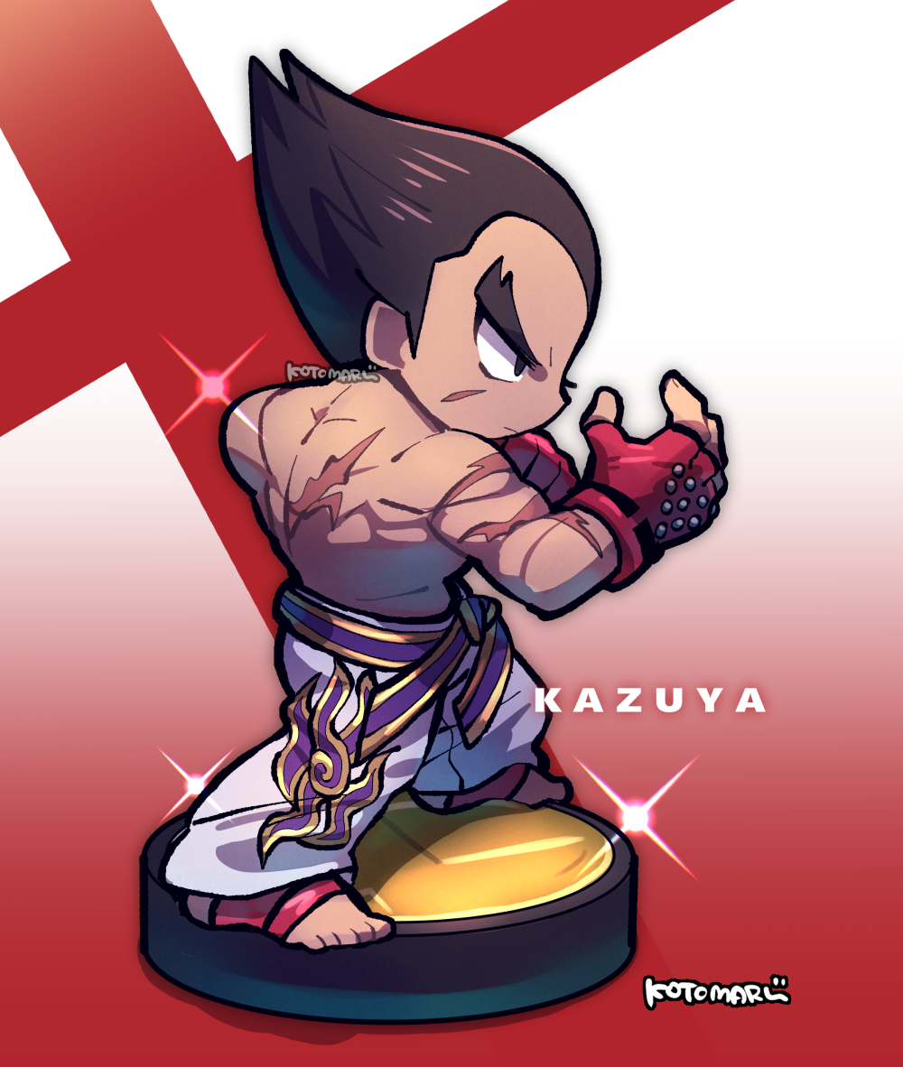 1boy amiibo black_hair character_name fighting_stance from_side gloves gradient_background kotorai male_focus mishima_kazuya nintendo red_gloves scar scar_on_arm scar_on_back scar_on_face shirt signature sparkle standing studded_gloves super_smash_bros. tekken thick_eyebrows toeless_footwear toenails topless_male v-shaped_eyebrows white_shirt