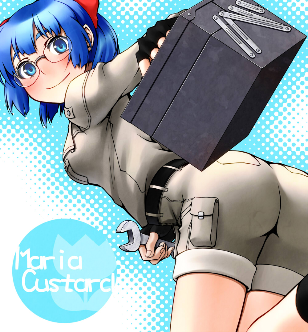 1girl ass belt black_belt blue_eyes blue_hair blush bow cargo_shorts character_name female_focus fingerless_gloves from_behind glasses gloves kurotsuki_nanai looking_at_viewer looking_back maria_custard matching_hair/eyes rance_(series) short_hair shorts smile solo thighs_together tool_kit wrench