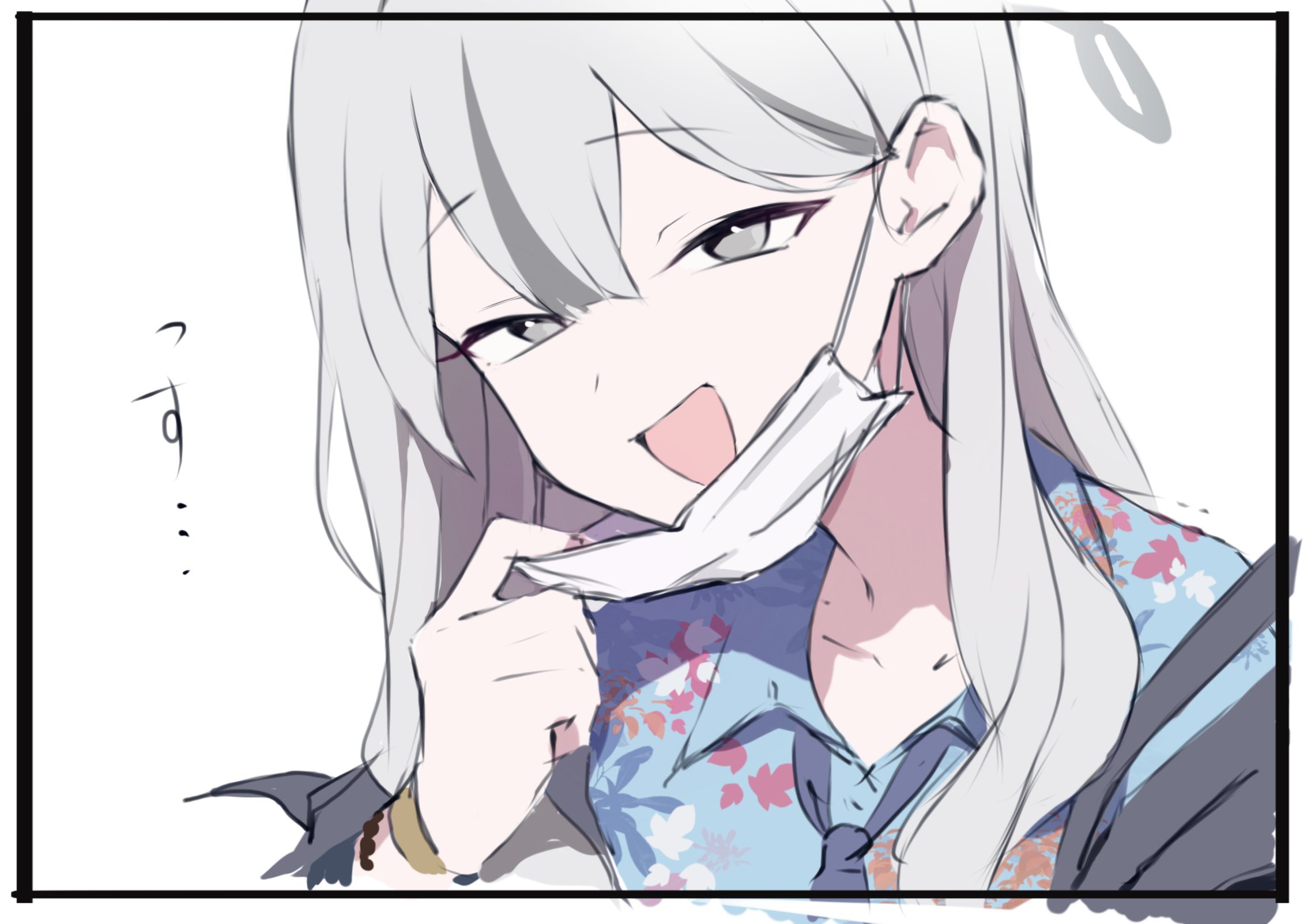 1girl blue_archive grey_eyes grey_hair hawaiian_shirt highres japanese_text konoka_(blue_archive) looking_at_viewer mask saiun_sigma shirt simple_background smile solo twitter white_background