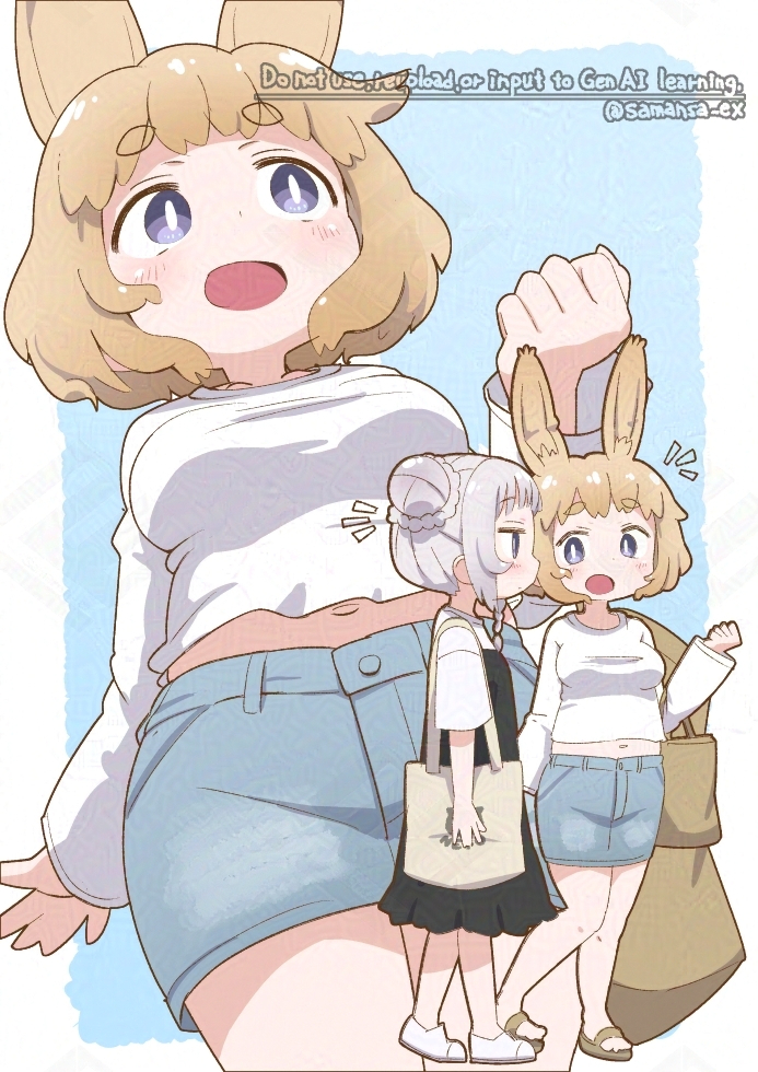 2girls :d adversarial_noise animal_ear_fluff animal_ears artist_name bag black_dress blonde_hair blue_skirt braid breasts bright_pupils brown_bag bun_with_braided_base clenched_hand commentary_request crop_top denim denim_skirt dress large_breasts long_sleeves looking_at_another midriff multiple_girls navel notice_lines open_mouth original pinafore_dress purple_eyes purple_hair samansa_(samansa_ex) shirt shoes short_hair short_sleeves shoulder_bag single_braid skirt sleeveless sleeveless_dress smile solo_focus tabasa_(samansa_ex) tabayan_jigokuhen watermark white_pupils white_shirt white_shoes