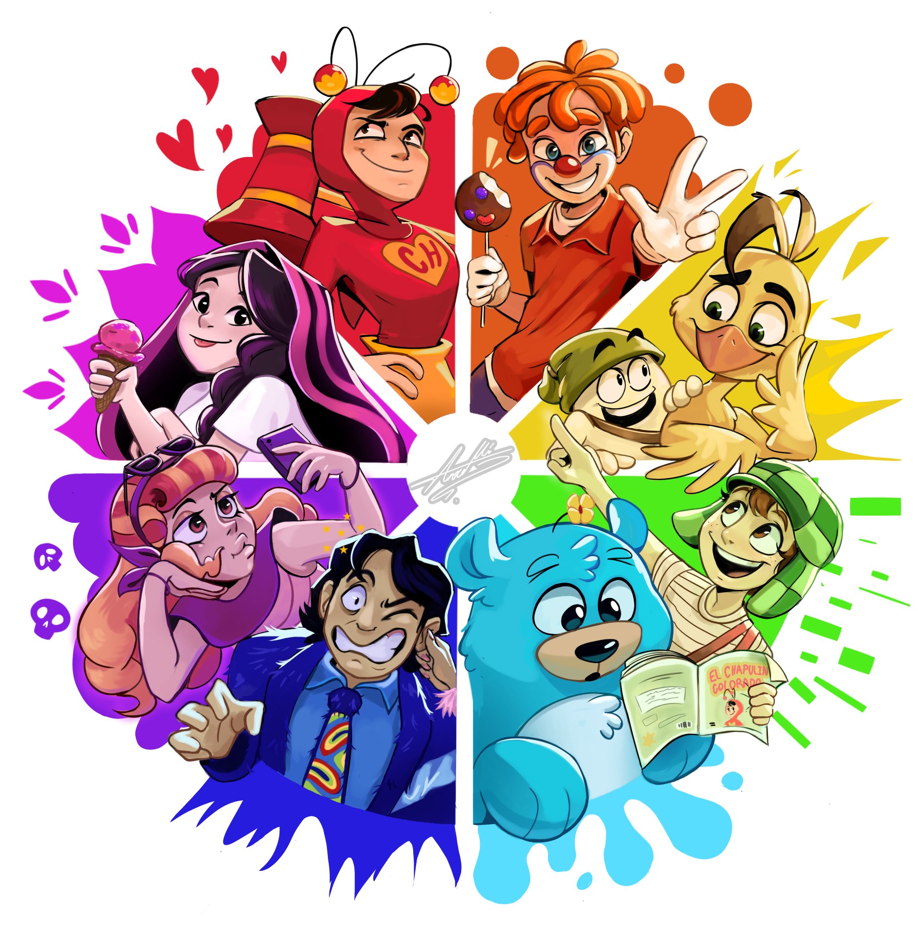 5.0.5 anxelli bear bird brown_eyes brown_hair character_request chicken chocolate clown color_wheel_challenge copyright_request egg el_chapulin_colorado el_chapulin_colorado_(series) el_chavo el_chavo_del_ocho food green_eyes highres huevocartoon ice_cream la_familia_p._luche las_leyendas ludovico_p._luche michoacana_(character) multiple_drawing_challenge open_mouth orange_hair paleta_payaso ricolino superhero_costume teeth toto_(huevocartoon) upper_teeth_only villainous