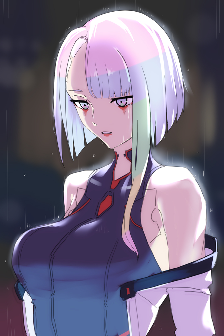 1girl bare_shoulders black_bodysuit bodysuit breasts cyberpunk_(series) cyberpunk_edgerunners eyeliner gachou grey_hair jacket large_breasts long_sleeves lucy_(cyberpunk) multicolored_hair off_shoulder open_clothes open_jacket purple_eyes rain red_eyeliner short_hair sidelocks solo wet white_jacket