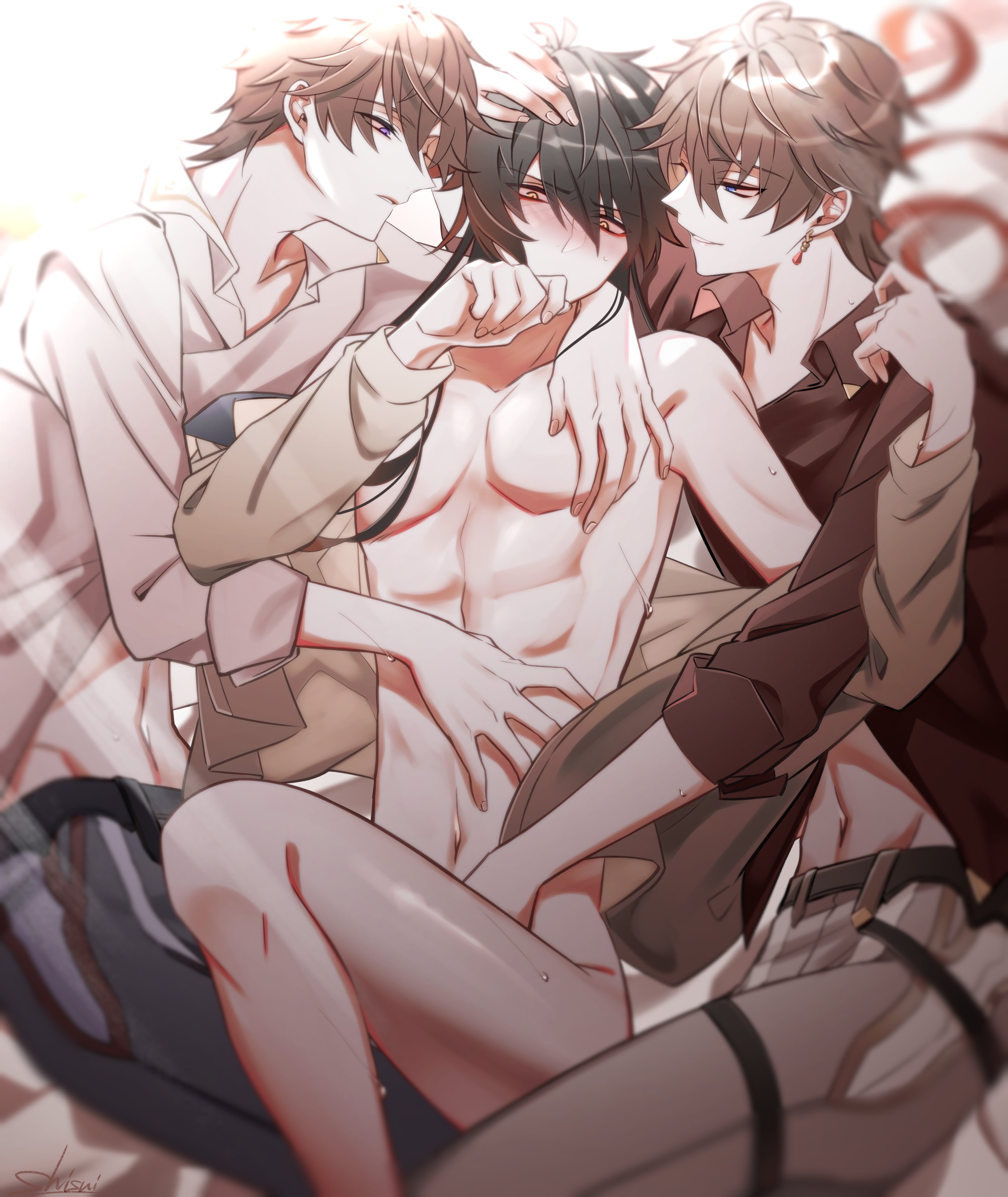 3boys absurdres bed black_skirt blouse blush zhongli_(genshin_impact) from_side genshin_impact group_sex highres mmm_threesome multiple_boys nude open_mouth shirt shisui53 skirt tartaglia_(genshin_impact) threesome white_shirt yaoi zhongli_(genshin_impact)