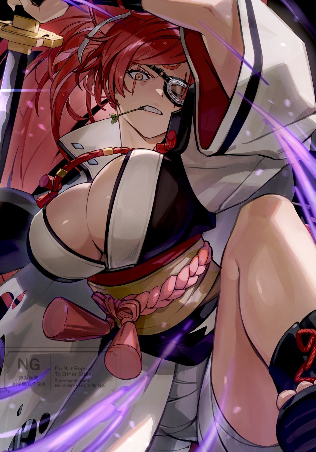 1girl amputee arc_system_works baiken big_hair breasts cleavage clenched_teeth commentary_request eyepatch guilty_gear guilty_gear_strive high_collar highres holding holding_sword holding_weapon japanese_clothes kataginu katana kimono large_breasts leg_up long_hair multicolored_kimono obi one-eyed open_clothes open_kimono pink_eyes ponytail red_hair samurai sarashi sash scar scar_across_eye scar_on_face solo sword teeth tsugutoku weapon wide_sleeves