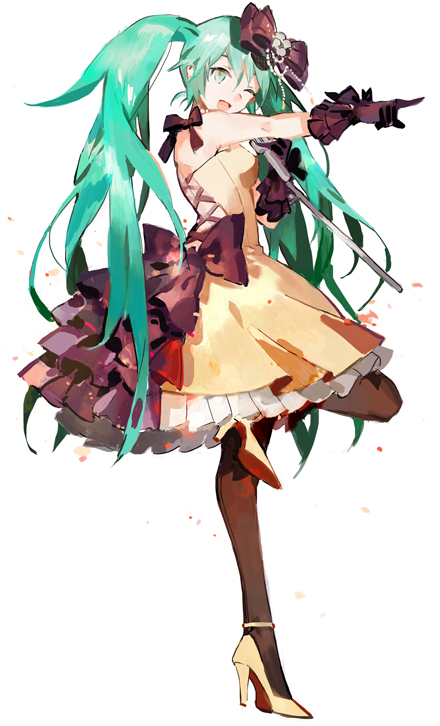 1girl ankle_strap aqua_eyes aqua_hair dress female_focus frilled_dress frills gloves hatsune_miku hatsune_miku_(siren) high_heels kochira_koufuku_anshin_iinkai_desu_(vocaloid) leg_up long_hair microphone one_eye_closed pantyhose project_diva_(series) project_diva_f_2nd pumps ribbon smile solo starshadowmagician twintails vocaloid wink