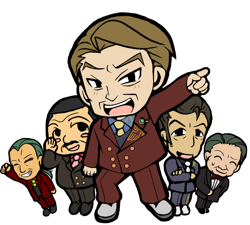 07th_expansion black_eyes black_hair blonde_hair brown_hair chibi formal_clothes gouda_toshirou nagasawa_manabu necktie no_naku_koro_ni_(series) okonogi_tetsurou suit umineko_no_naku_koro_ni ushiromiya_hideyoshi ushiromiya_krauss ushiromiya_rudolf