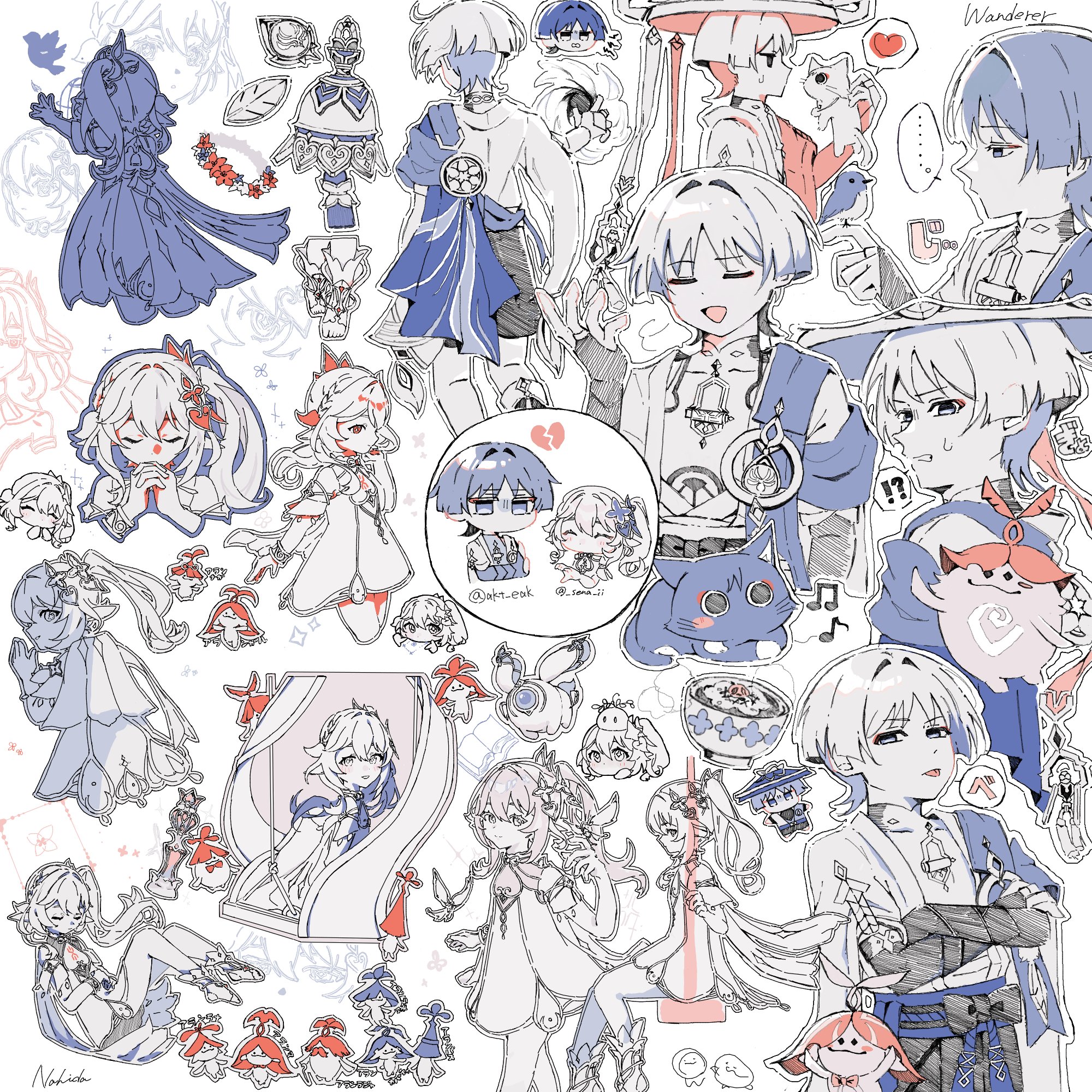 !? ... 1boy 1girl 3ksubak akt_eak anemo_symbol_(genshin_impact) angry animal animalization anklet aranara_(genshin_impact) armor artist_collaboration bare_shoulders bell belt bird bird_on_hand blunt_ends blush blush_stickers bodysuit book bow bracelet bridal_gauntlets broken_heart cape cat character_doll character_name clenched_teeth closed_eyes creature_on_head cross-shaped_pupils crossed_arms crystalfly_(genshin_impact) cursive detached_sleeves disembodied_head disembodied_legs doll dress eel eyeliner eyeshadow feathers flower_wreath food from_behind from_side furisode gem genshin_impact gnosis_(genshin_impact) hair_between_eyes hair_intakes hair_ornament half-closed_eyes half-heart_hands half_crown_braid hand_on_own_stomach hand_up heart heart_hands_failure highres holding holding_animal holding_cat interlocked_fingers japanese_armor japanese_clothes jewelry jitome kimono kneepits kote leaf leaf_hair_ornament limited_palette long_hair looking_at_animal looking_back makeup middle_ring multiple_views nahida_(genshin_impact) neo_akasha_terminal no_mouth on_swing open_clothes open_hand open_kimono outstretched_arms own_hands_together person_and_animalization pointy_ears praying puff_of_air red_eyeliner red_eyeshadow rice rope rukkhadevata_(genshin_impact) sash scaramouche_(cat)_(genshin_impact) scaramouche_(genshin_impact) sena_ii shimi_chazuke_(genshin_impact) short_sleeves shorts side_ponytail sidelocks sitting sketch slime_(genshin_impact) soup spoken_ellipsis spoken_heart spoken_interrobang stirrup_footwear stream swing symbol-shaped_pupils teeth three_quarter_view toeless_socks toes tongue tongue_out tulaytullah's_remembrance_(genshin_impact) vision_(genshin_impact) vortex wanderer_(genshin_impact)
