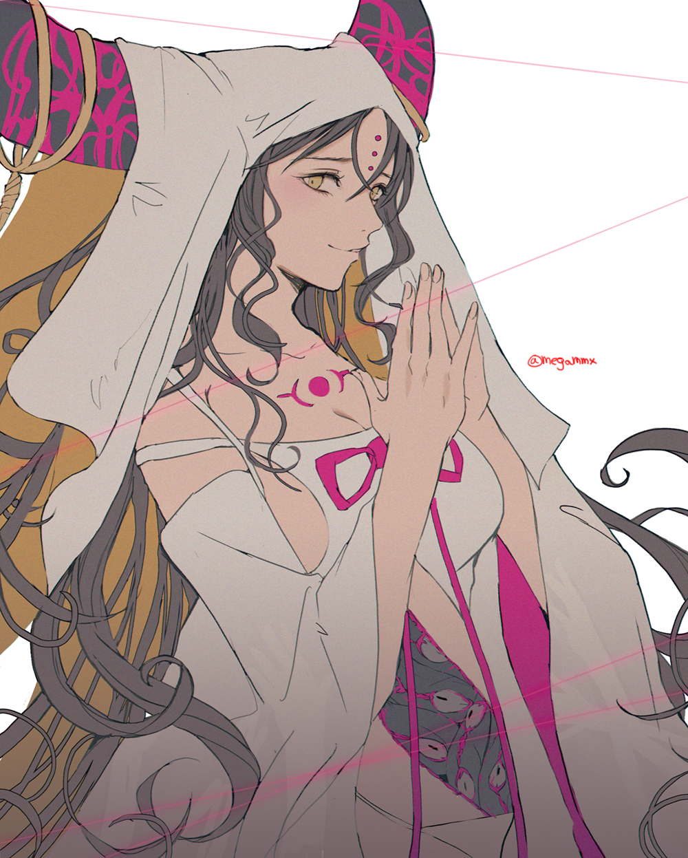 1girl black_hair black_horns breasts chest_tattoo cleavage closed_mouth commentary cowboy_shot demon_pillar_(fate) dress facial_mark fate/grand_order fate_(series) forehead_mark hands_up highres horn_ornament horn_ring horns large_breasts long_hair long_sleeves looking_at_viewer looking_to_the_side multicolored_horns noble_phantasm_(fate) own_hands_together parted_bangs pink_horns pink_ribbon ribbon sessyoin_kiara sessyoin_kiara_(heaven&#039;s_hole) sessyoin_kiara_(third_ascension) shino_(mufn5785) sideboob smile solo tattoo twitter_username veil very_long_hair white_background white_dress white_veil wide_sleeves yellow_eyes
