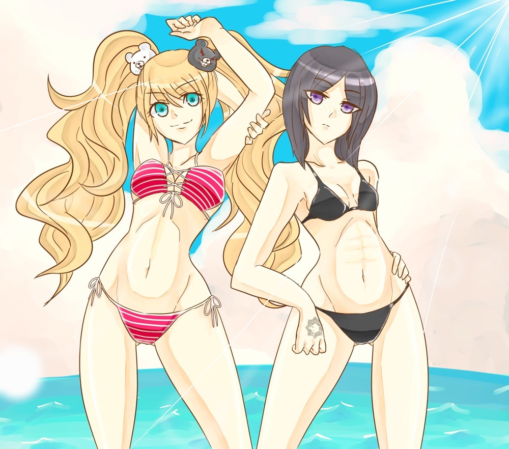 2girls armpits arms_up bikini black_bow black_hair blonde_hair blue_eyes blue_sky bow breasts closed_mouth cloud collarbone danganronpa:_trigger_happy_havoc danganronpa_(series) enoshima_junko eyebrows female_focus gluteal_fold hand_on_own_hip hand_tattoo ikusaba_mukuro large_breasts long_hair medium_breasts multiple_girls navel outdoors purple_eyes red_bikini red_stripes siblings sisters sky smile standing striped_bikini striped_clothes sun sunlight swimsuit tattoo tattoo_on_hand thighs twins twintails white_stripes