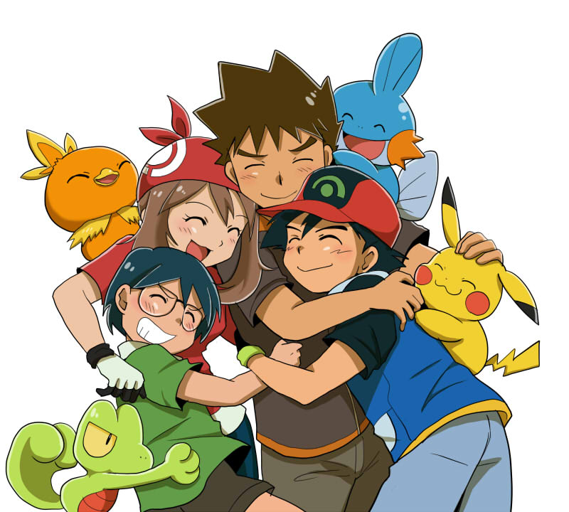 1girl 3boys :d ash_ketchum bandana baseball_cap black_hair black_shirt blue_jacket blue_pants brock_(pokemon) brown_hair brown_pants brown_shorts closed_eyes gen_1_pokemon gen_3_pokemon gintarou_(puipuiginta) gloves grin hat headpat hug jacket long_hair max_(pokemon) may_(pokemon) mudkip multiple_boys nintendo open_mouth pants pikachu poke_ball_print pokemon pokemon_(anime) pokemon_(creature) pokemon_rse_(anime) red_bandana red_hat red_shirt shirt short_sleeves shorts sleeveless sleeveless_jacket smile starter_pokemon_trio torchic treecko white_gloves