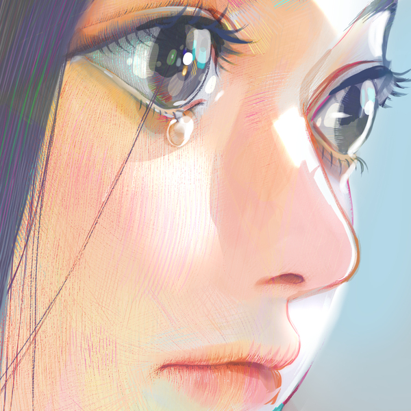 1girl black_eyes black_hair close-up closed_mouth commentary crying crying_with_eyes_open english_commentary expressionless eyelashes facing_away hair_strand haruya_(pixiv32030501) kaguya-hime_no_monogatari kaguya_hime blue_background lips long_eyelashes looking_afar portrait realistic sidelighting simple_background solo straight_hair tearing_up tears upper_body
