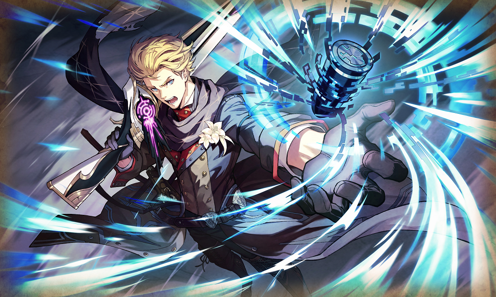 1boy belt blonde_hair blue_eyes coat commentary_request edgar_(ta_ga_tame_no_alchemist) floating floating_object floating_scarf forehead from_above gloves gun hair_behind_ear holding holding_gun holding_weapon long_sleeves male_focus official_alternate_costume official_art open_mouth outdoors outstretched_arm pants purple_gloves scarf second-party_source shirt solo standing ta_ga_tame_no_alchemist weapon white_shirt