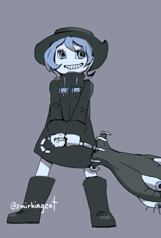 1girl boots drawstring full_body grey_background grin hat holding holding_umbrella holding_weapon hungern_(skullgirls) legs_apart looking_to_the_side raincoat short_hair skullgirls smile smirkingcat solo umbrella umbrella_(skullgirls) weapon