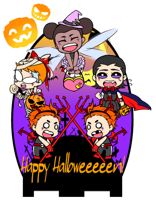 1girl 4boys aqua_lad black_hair brother brothers bumble_bee candy cartoon_network costume dark_skin dc_comics garth halloween happy_halloween karen_beecher mas_(dc) mask menos_(dc) multiple_boys open_mouth orange_hair polearm roy_harper siblings speedy teen_titans trident twins weapon wings