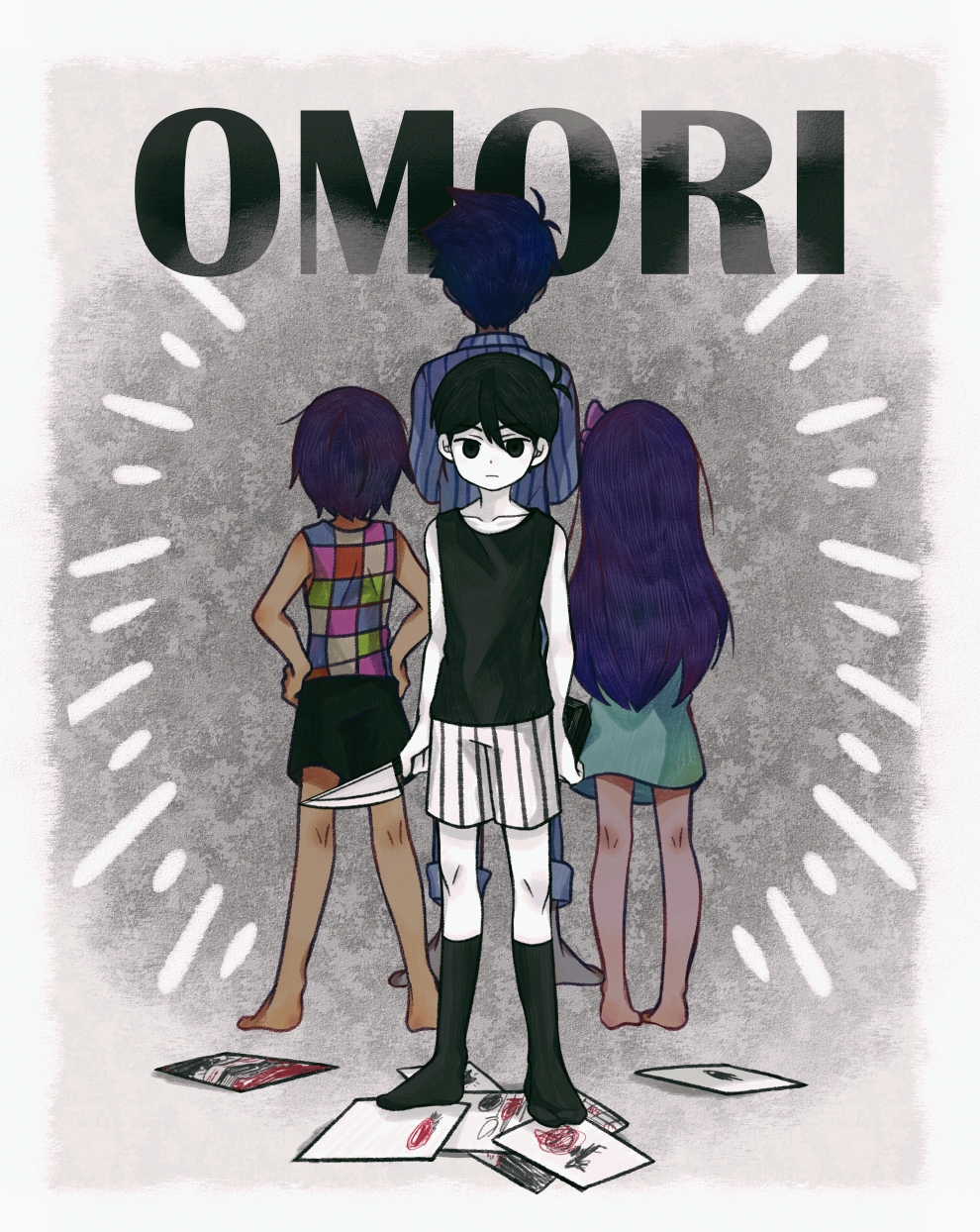1girl 3boys antenna_hair aubrey_(headspace)_(omori) aubrey_(omori) back-to-back bare_arms bare_shoulders barefoot black_eyes black_hair black_shorts black_socks black_tank_top border bow brothers checkered_clothes closed_mouth collarbone colored_skin commentary_request double-parted_bangs dress empty_eyes full_body green_dress grey_background hair_between_eyes hair_bow hatching_(texture) hero_(headspace)_(omori) hero_(omori) highres holding holding_knife kel_(headspace)_(omori) kel_(omori) kneehighs kneepits knife linglanjunying long_hair looking_at_viewer multiple_boys no_pupils no_shoes omori omori_(omori) paper pink_bow purple_hair shirt short_hair shorts siblings simple_background socks solo_focus standing striped_clothes striped_shirt striped_shorts tank_top vertical-striped_clothes vertical-striped_shirt vertical-striped_shorts white_border white_shorts white_skin