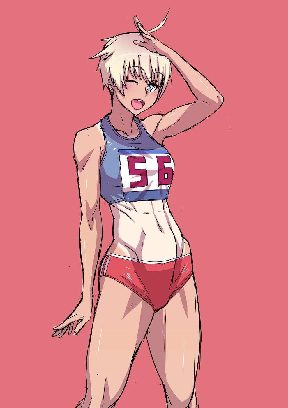 1girl abs ahoge asu_rito blue_eyes highres kjech muscular muscular_female numbered one_eye_closed salute short_hair tan tanline toned toned_female track_uniform very_short_hair white_hair yandere_simulator