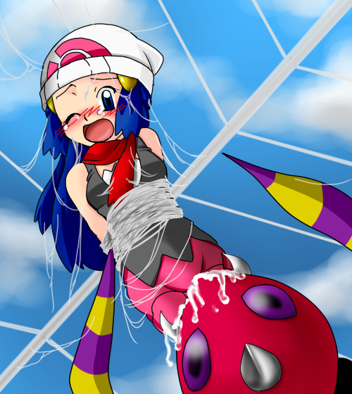 1girl ariados bdsm blue_hair blue_sky blush bondage bound bug dawn_(pokemon) female_focus gen_2_pokemon hat monster nintendo pokemon pokemon_(creature) refuto restrained silk sky spider spider_web vore