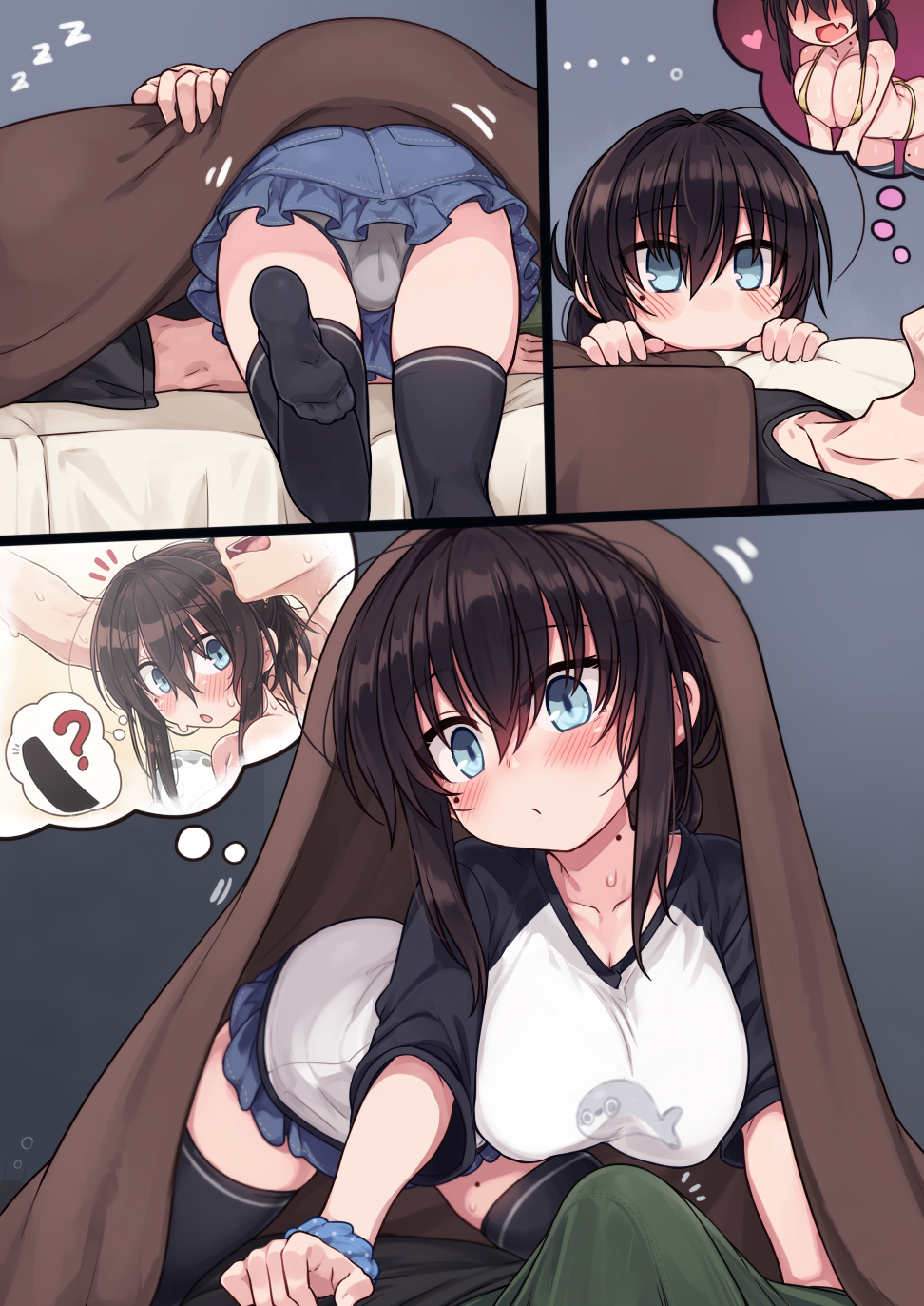 1boy 1girl blue_eyes blush breasts bulge erection erection_under_clothes hetero highres large_breasts mole null_(nyanpyoun) original panties skirt thighhighs underwear