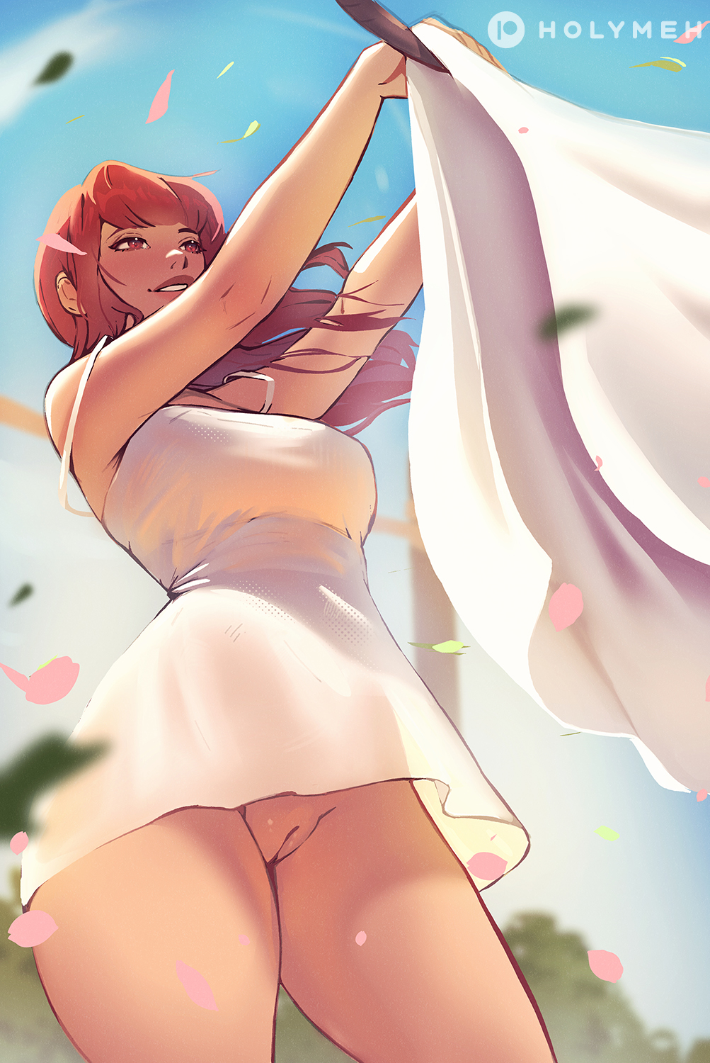 1girl blurry blurry_background breasts brown_eyes brown_hair cleft_of_venus day dress highres holy_meh large_breasts laundry lips long_hair no_panties original outdoors patreon_logo patreon_username pussy solo uncensored white_dress wind