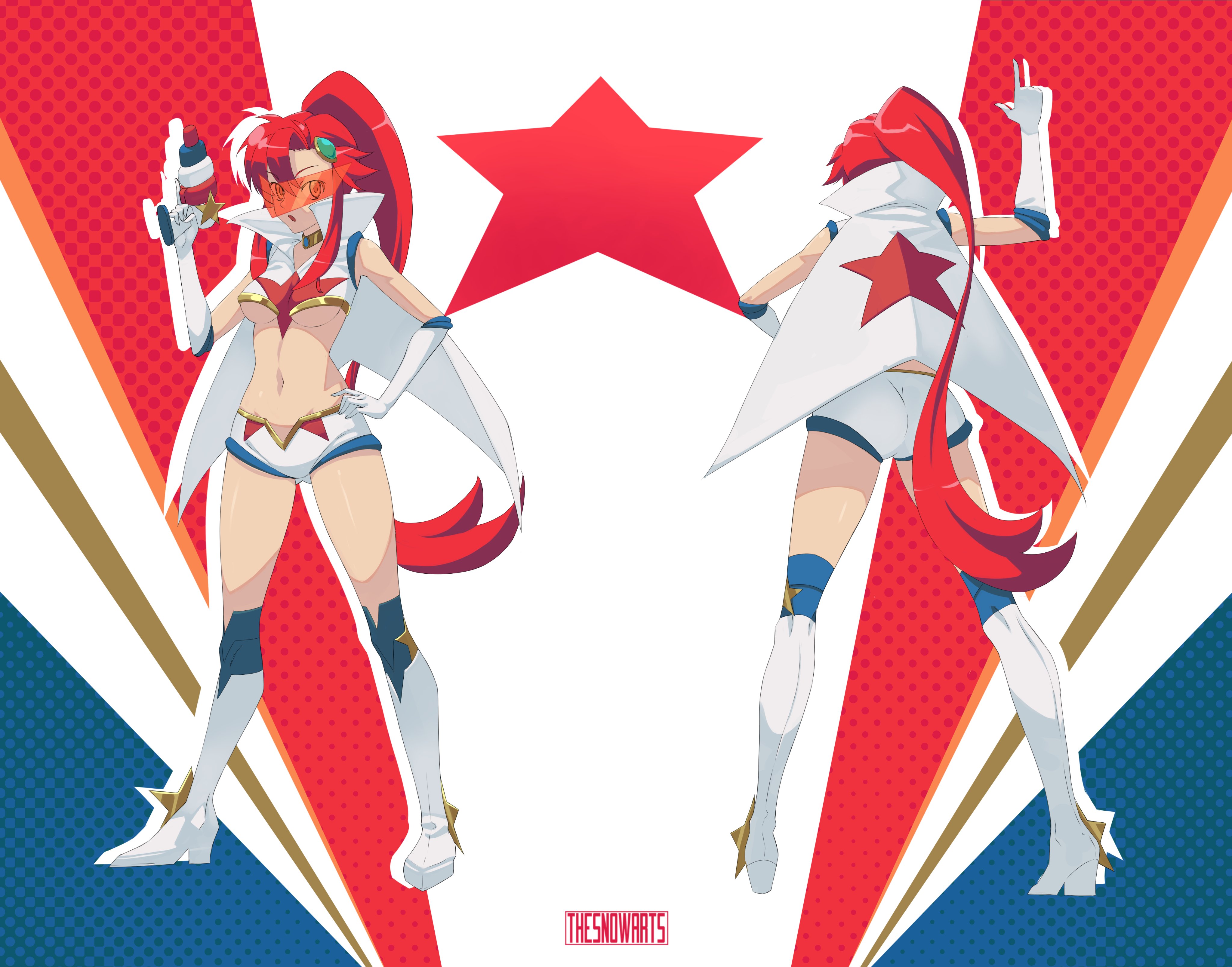 1girl absurdres artist_name boots breasts cape commentary commission gluteal_fold gun hand_on_own_hip highres holding holding_gun holding_weapon index_finger_raised kneehighs long_hair medium_breasts navel ponytail red_hair short_shorts shorts snowgus socks star_(symbol) tengen_toppa_gurren_lagann underboob very_long_hair weapon white_boots white_cape white_shorts yoko_littner