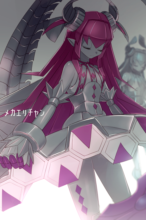2girls breasts closed_eyes curled_horns dragon_horns dragon_tail dress echo_(circa) elizabeth_bathory_(fate) fate/grand_order fate_(series) horns humanoid_robot long_hair mecha_eli-chan_(fate) mecha_eli-chan_mk.ii_(fate) mechanical_tail mechanical_wings multiple_girls pink_hair pointy_ears robot small_breasts tail translation_request wings