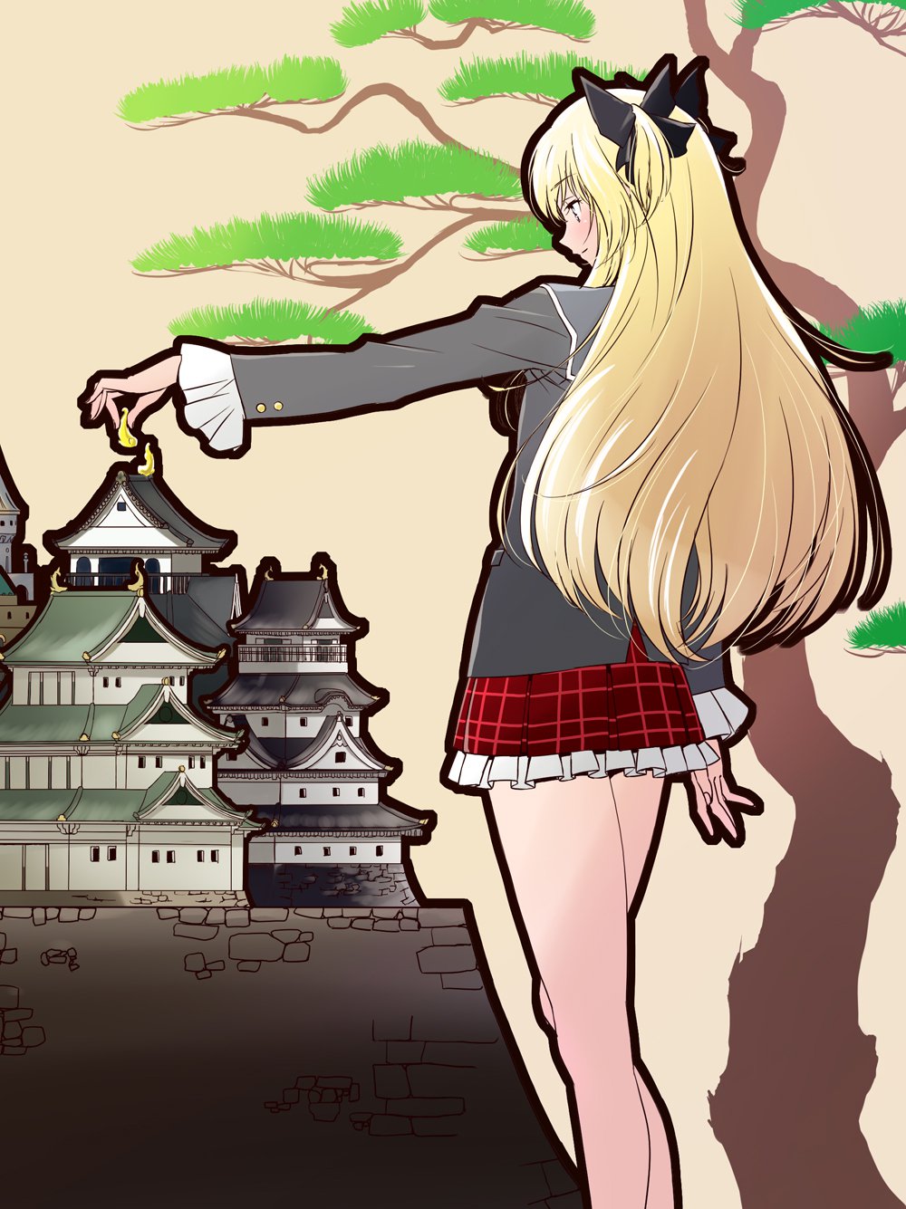 1girl architecture blonde_hair bow commentary_request east_asian_architecture frilled_skirt frills from_behind hair_bow highres jacket japanese_castle long_hair miniature official_art profile qma_staff quiz_magic_academy shalon skirt smile solo tree two_side_up