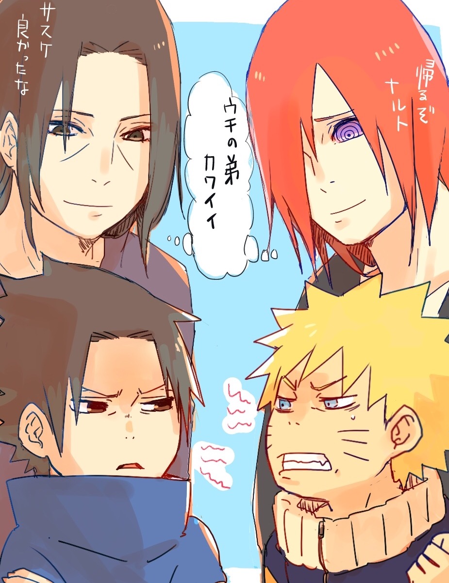 4boys black_eyes black_hair blonde_hair blue_eyes brothers closed_mouth highres looking_at_viewer male_focus meitarou multiple_boys nagato_(naruto) naruto_(series) naruto_shippuuden red_hair rinnegan short_hair siblings smile speech_bubble spiked_hair thought_bubble translation_request uchiha_itachi uchiha_sasuke uzumaki_naruto