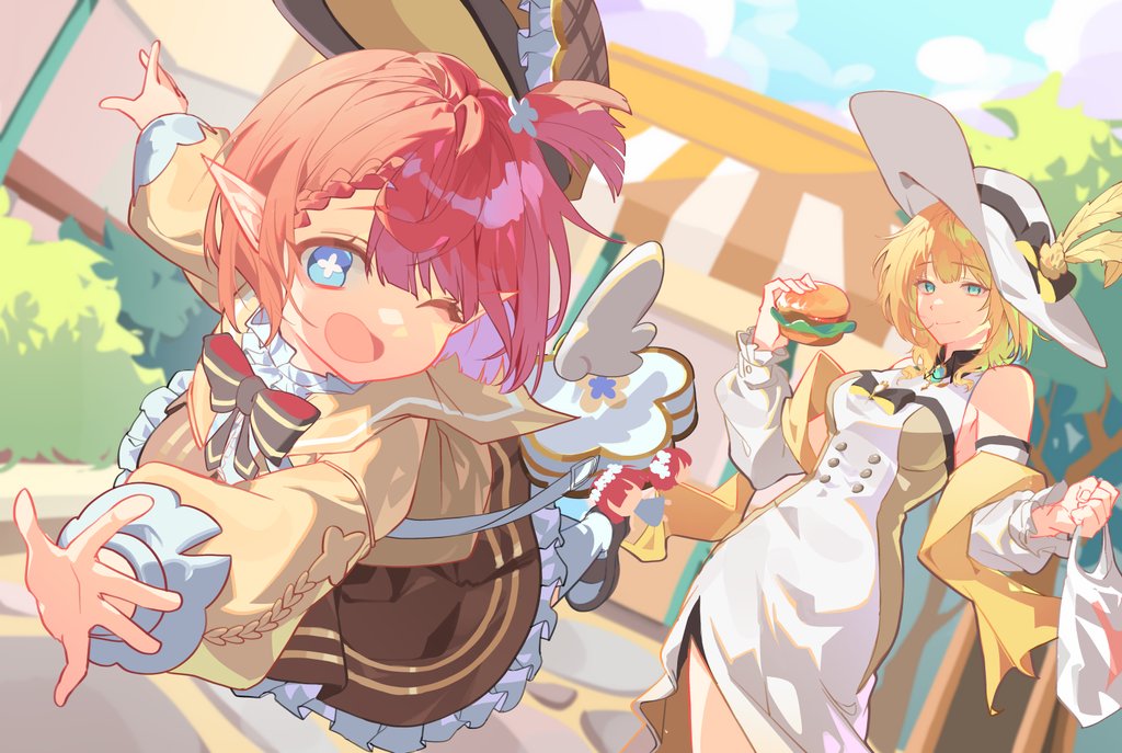 2girls ;o aglaea_(honkai:_star_rail) angel_wings blonde_hair blue_eyes blue_sky breasts brown_dress burger character_charm charm_(object) chyucat commentary_request dress food green_eyes hat holding holding_burger holding_food honkai:_star_rail honkai_(series) korean_commentary multiple_girls official_alternate_costume one_eye_closed outdoors pointy_ears red_hair scarf short_hair sky smile sun_hat trianne_(honkai:_star_rail) tribbie_(honkai:_star_rail) trinnon_(honkai:_star_rail) white_dress wings yellow_scarf