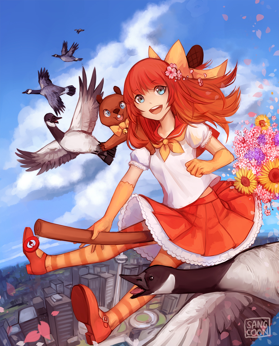 1girl anime_north beaver bell bird blue_eyes blue_sky bow broom broom_riding building canada city cloud day elbow_gloves female_focus flower gloves goose hoppouno_momiji jingle_bell mary_janes open_mouth orange_gloves pleated_skirt red_hair round_teeth sailor_collar sangcoon shoes skirt sky smile solo striped_clothes striped_thighhighs sunflower teeth thighhighs toronto