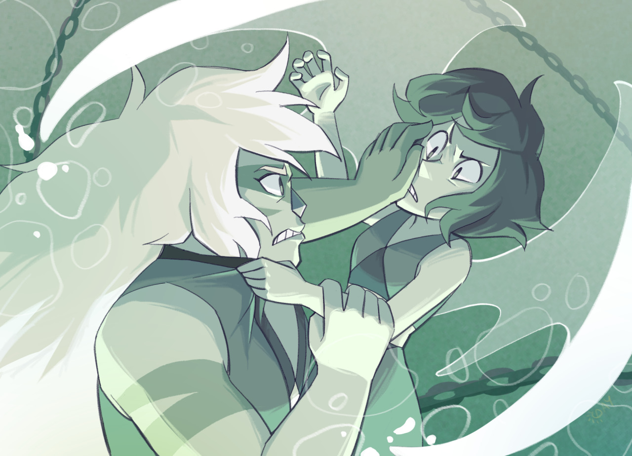 2girls air_bubble angry biceps bubble chain clenched_teeth colored_skin commentary crop_top daycolors elemental_wings english_commentary fighting gem grabbing_another's_arm green_theme jasper_(steven_universe) lapis_lazuli_(steven_universe) liquid_wings long_hair looking_at_another monochrome multicolored_skin multiple_girls muscular muscular_female open_hand profile pushing_away pushing_face scowl short_hair skirt steven_universe submerged tank_top teeth two-tone_shirt two-tone_skin underwater v-shaped_eyebrows