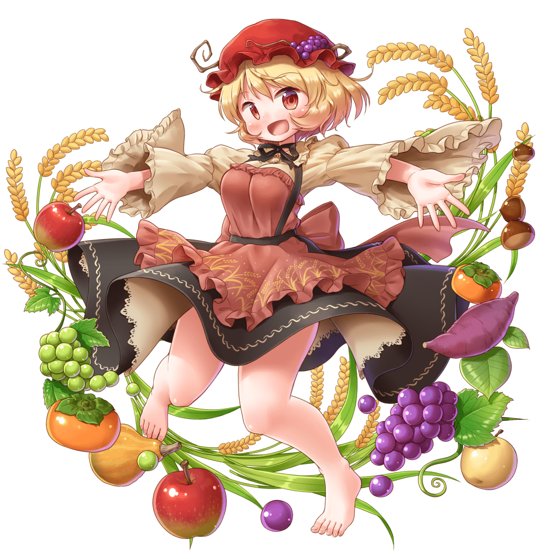 1girl aki_minoriko apple apron arinu barefoot black_skirt blonde_hair blush breasts food food_request fruit game_cg grape_hat_ornament grapes hakurei_frontier_spell_strive hat leaf long_sleeves mob_cap official_art open_mouth orange_apron persimmon red_eyes red_hat skirt smile solo sweet_potato third-party_source toes touhou transparent_background wheat wide_sleeves