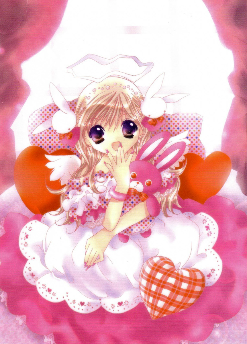 1girl bird_wings blonde_hair brown_hair dress female_focus hair_ornament halo heart highres koge_donbo misha misha_(pita_ten) multicolored_eyes nail_polish official_art open_mouth pillow pink_nails pita_ten polka_dot purple_eyes rabbit rabbit_hair_ornament solo stuffed_toy white_wings wings
