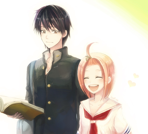 00s 1boy 1girl :d ^_^ ak0130 black_hair book closed_eyes closed_eyes forehead gakuran happy heart holding holding_book inuzuka_koushi kuzuryuu_momoko looking_at_another open_book open_mouth pink_hair school_uniform serafuku smile sumomomo_momomo yellow_eyes