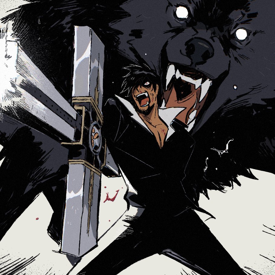 1boy angry animal black_hair black_jacket black_pants blood collarbone commentary constricted_pupils cross_punisher dark-skinned_male dark_skin dirty dirty_face english_commentary fangs feet_out_of_frame firing furious hair_over_one_eye holding holding_weapon jacket lapels lea_reymauzaize male_focus nicholas_d._wolfwood open_mouth pants pectoral_cleavage pectorals short_hair simple_background solo standing teeth tongue trigun weapon white_background white_eyes wolf