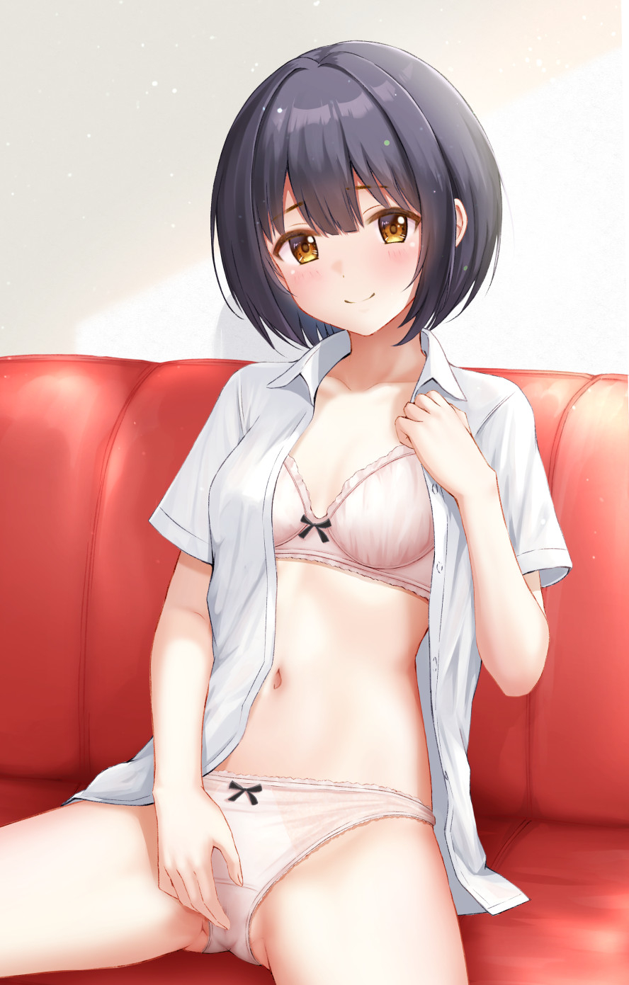 1girl black_hair blush bra breasts ca_paria cameltoe collarbone crotch_seam highres idolmaster idolmaster_cinderella_girls looking_at_viewer navel no_pants open_clothes open_shirt panties ribbon-trimmed_bra ribbon-trimmed_panties ribbon_trim shirt short_hair sitting small_breasts smile solo spread_legs stomach takafuji_kako underwear white_bra white_panties white_shirt